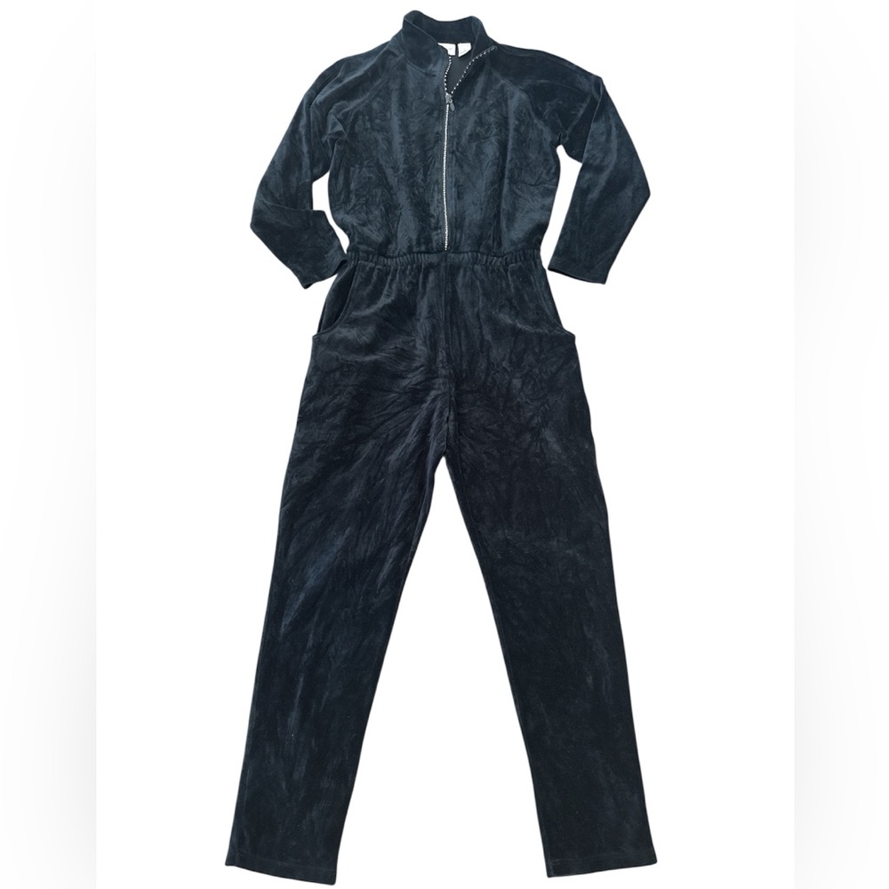 Nordstrom Vintage Velour Jumpsuit Small Rhinestone Zipper Pockets 31” Inseam Blk